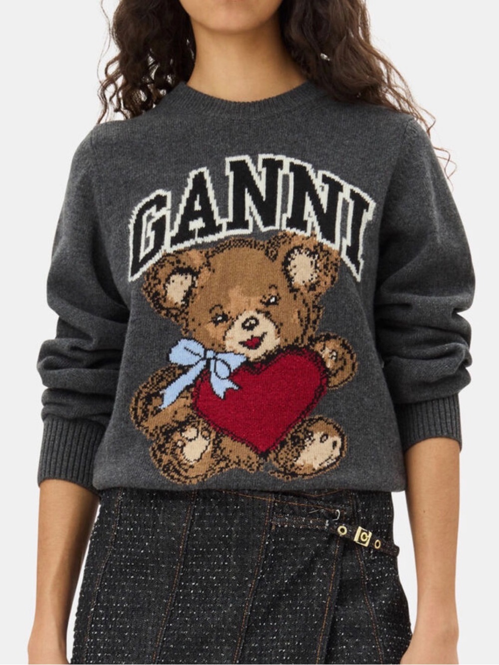 Ganni - Women’s Charcoal Dark Grey Graphic Bear Teddy Sweater - Size: XS